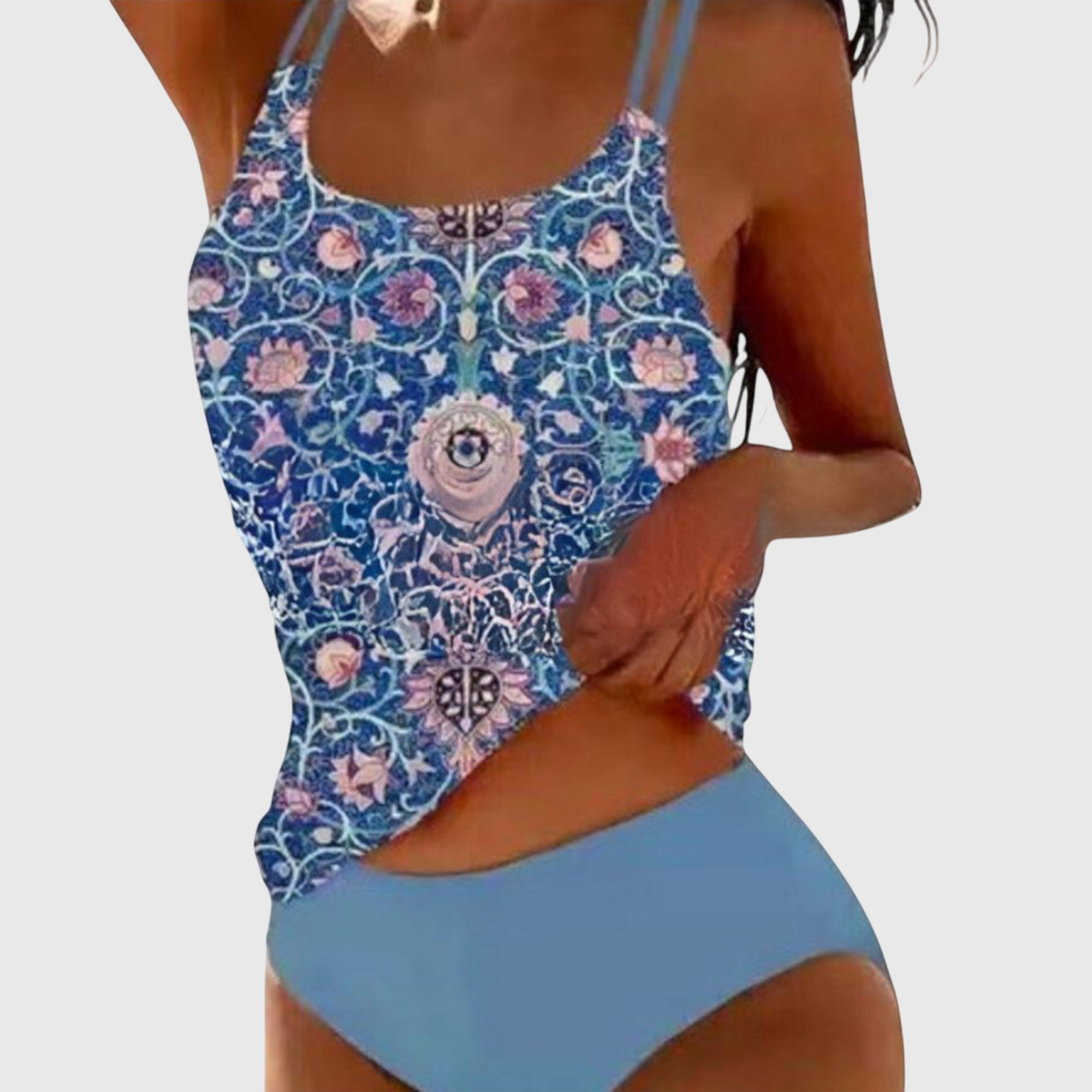 Tankini mujer dos piezas estampado floral vintage tirantes dobles parte inferior lisa