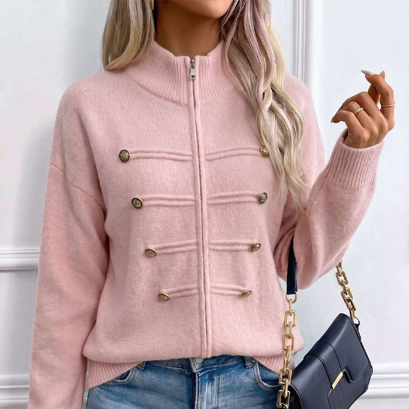 Cárdigan de punto para mujer con cuello alto, cremallera y botones decorativos