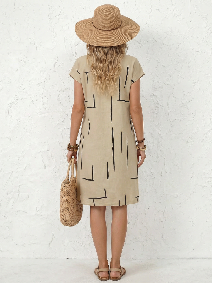 Vestido midi mujer algodón lino estampado geométrico escote V casual verano