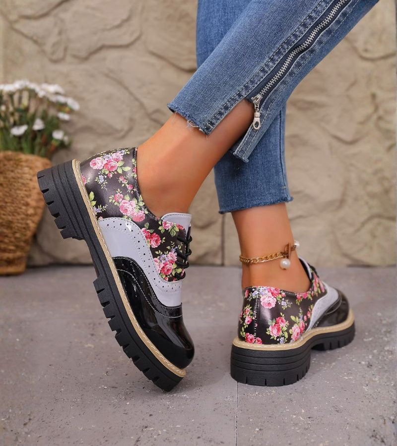 Zapatos Oxford de mujer con estampado floral y suela gruesa