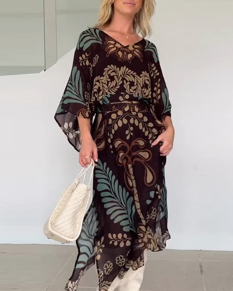 Vestido bohemio mujer maxi estampado hojas fluido elegante