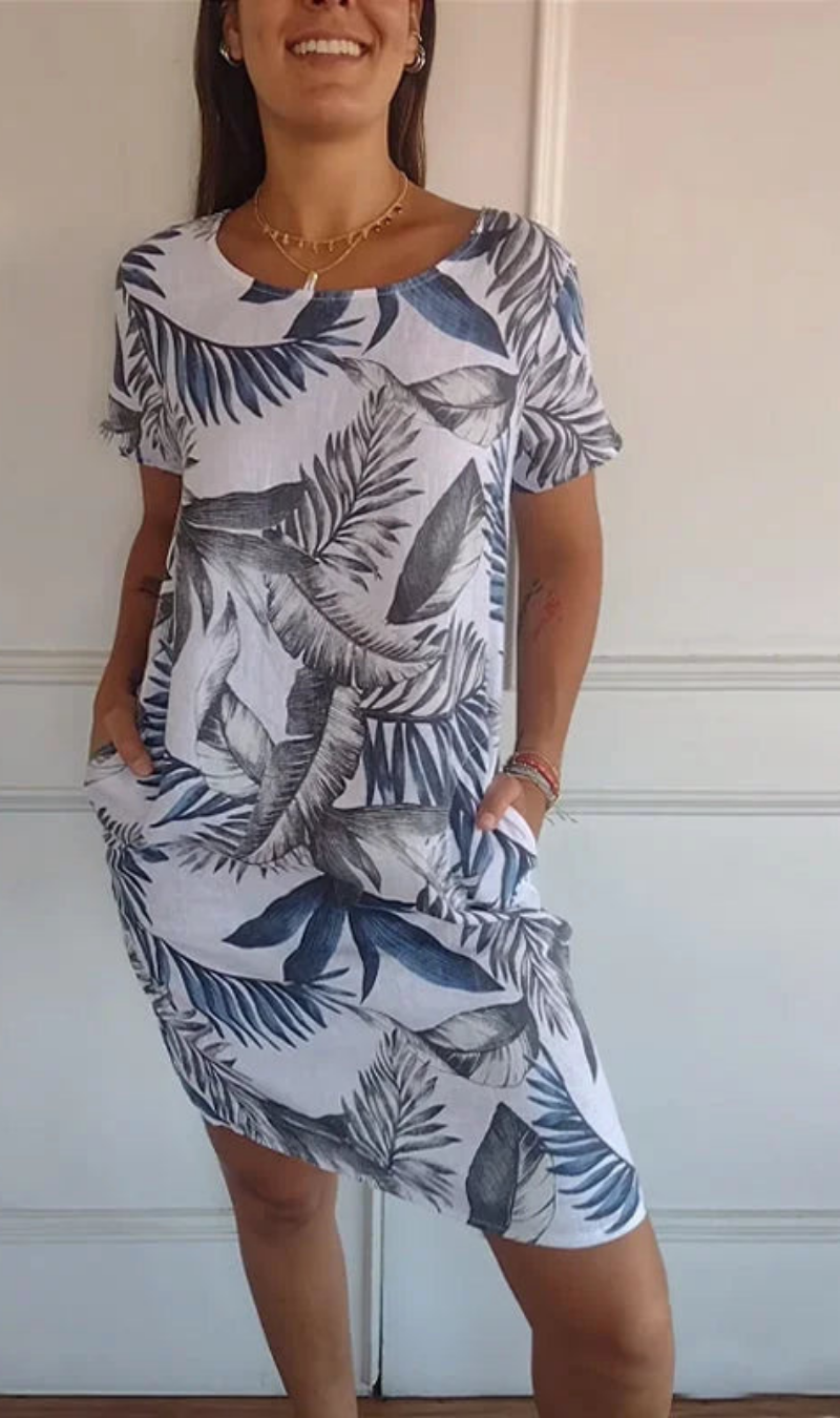 Vestido mujer fluido con estampado vegetal y bolsillos
