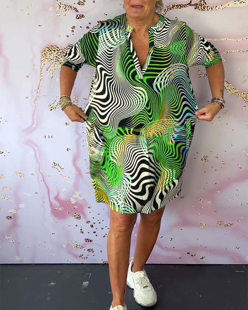 Vestido mujer corto estampado ondas abstractas cuello V cremallera bolsillos