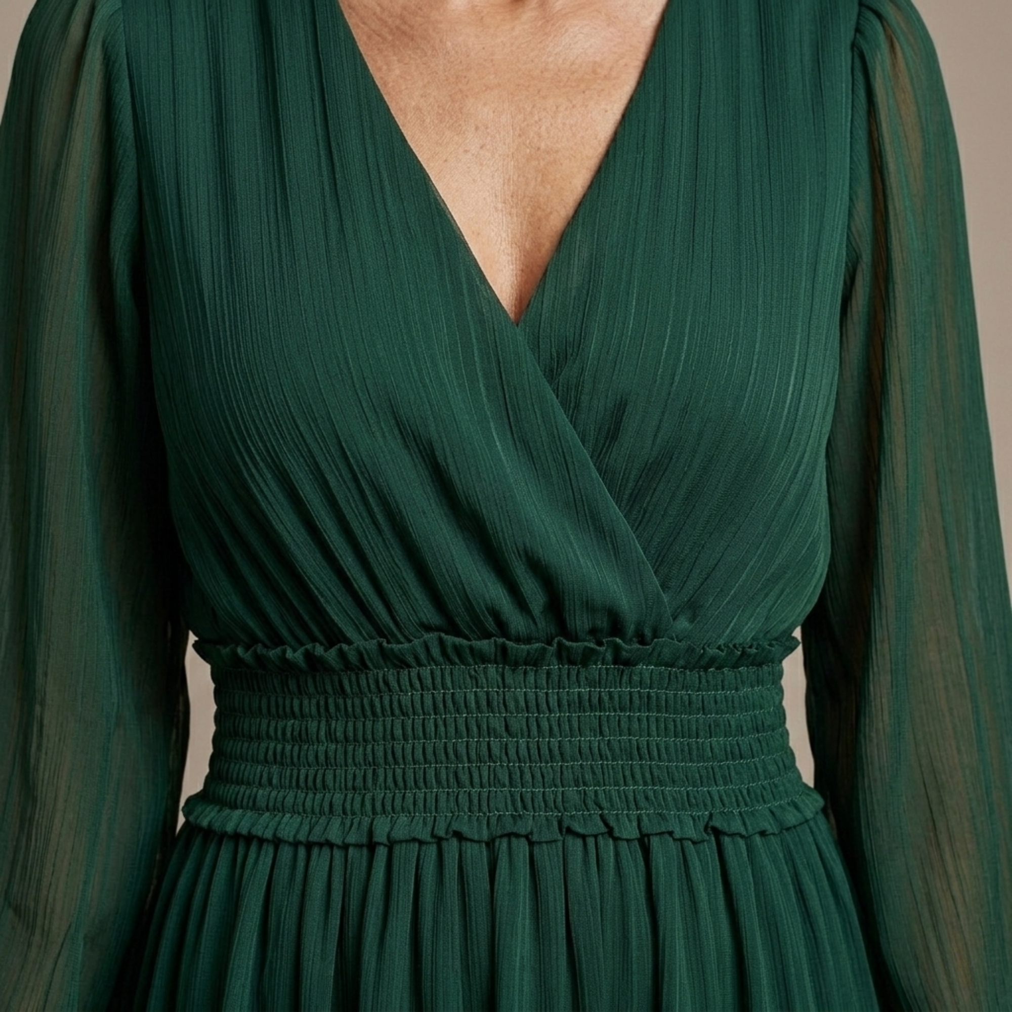 Vestido Largo Mujer Elegante Fluido – Escote V y Manga Larga