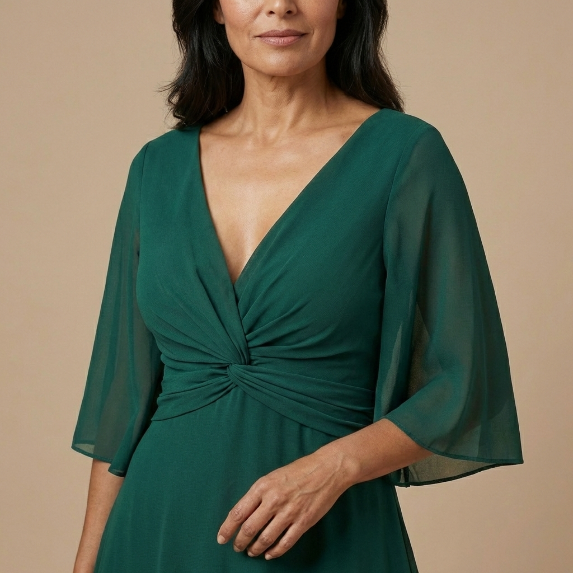 Vestido Largo Mujer Elegante Fluido – Escote V y Detalle Fruncido