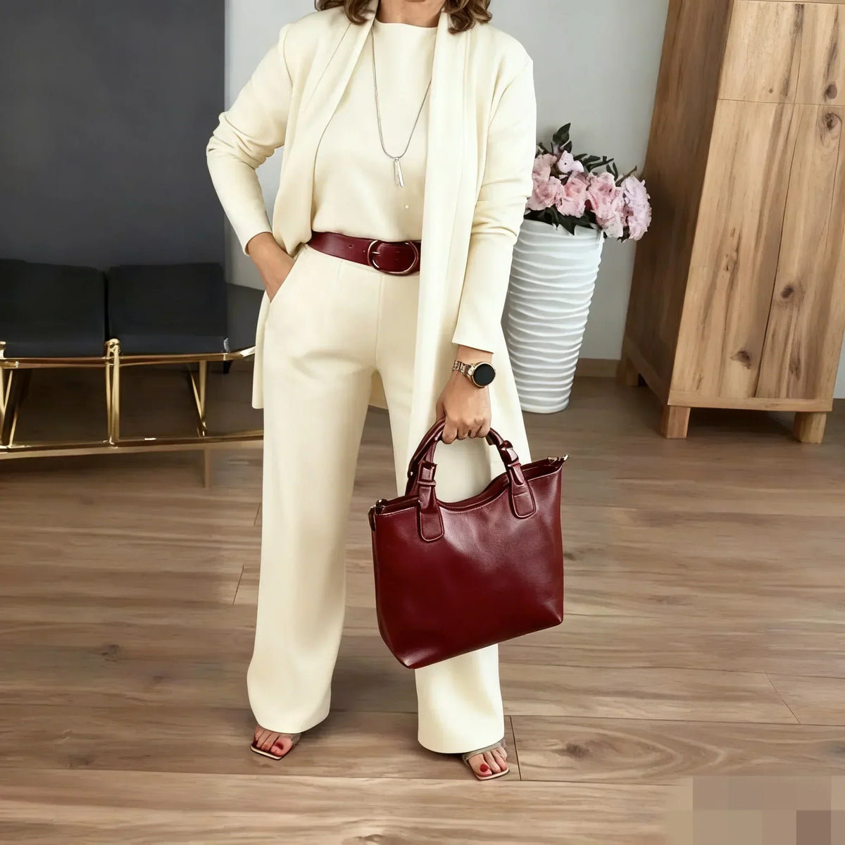 Conjunto tres piezas mujer con cárdigan largo elegante