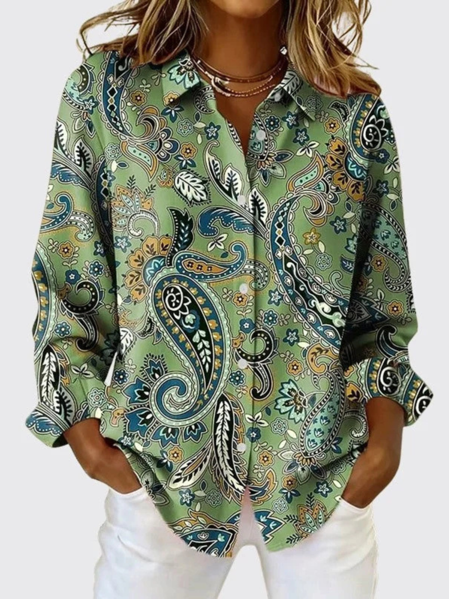 Camisa paisley para mujer con botones y corte holgado elegante