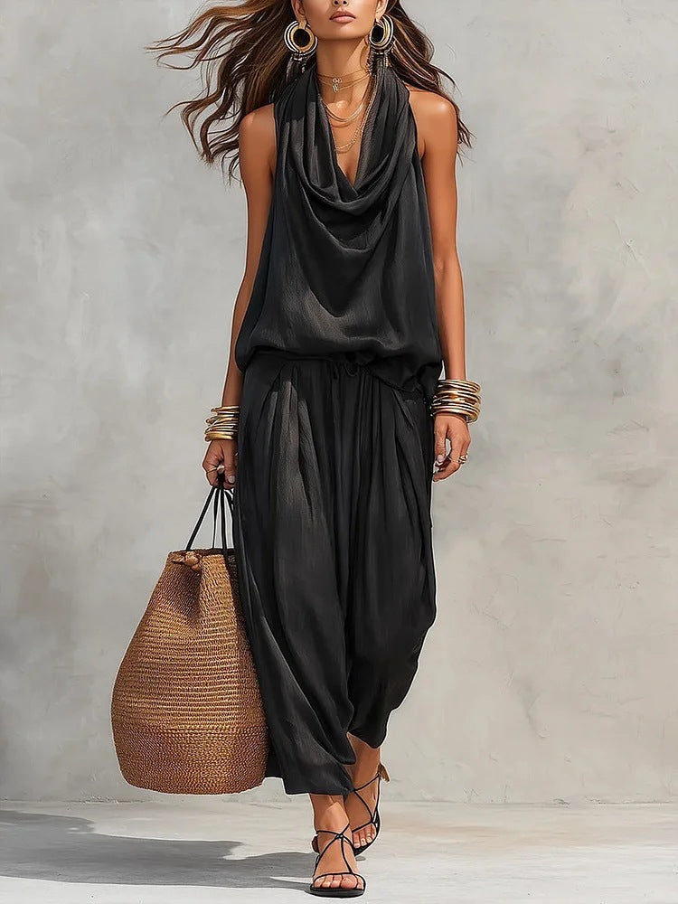 Conjunto Mujer Dos Piezas Fluido Elegante – Pantalón Amplio y Top Drapeado