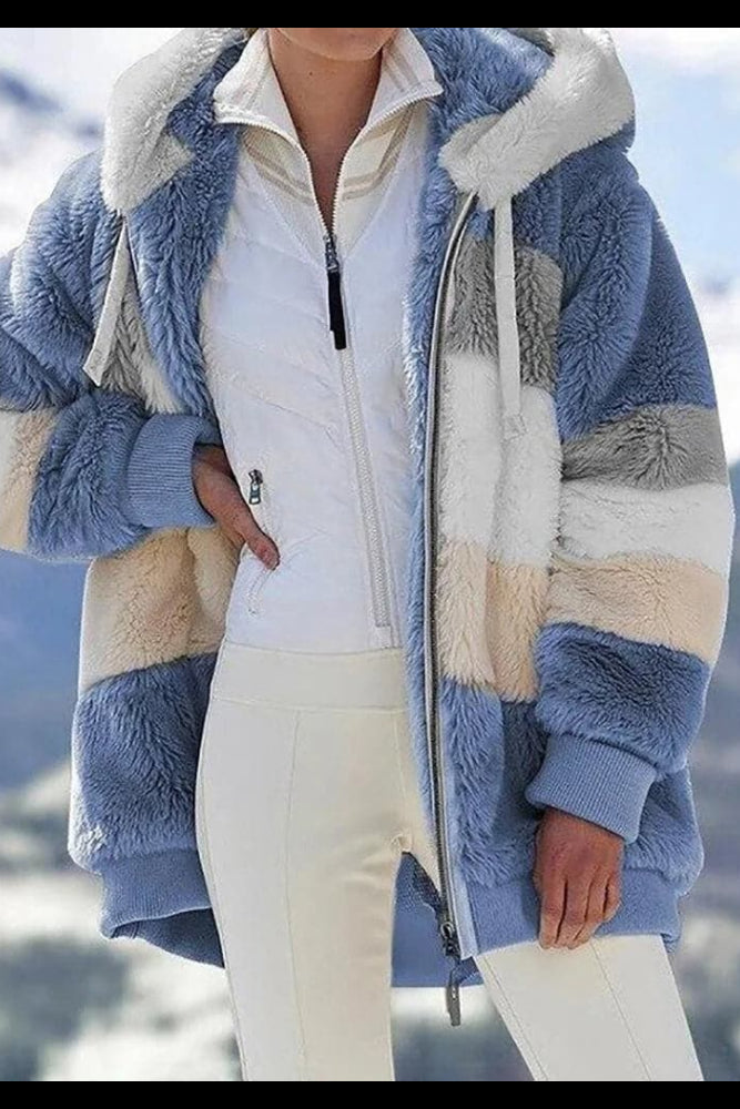 Chaqueta cálida mujer con capucha y bloques de color