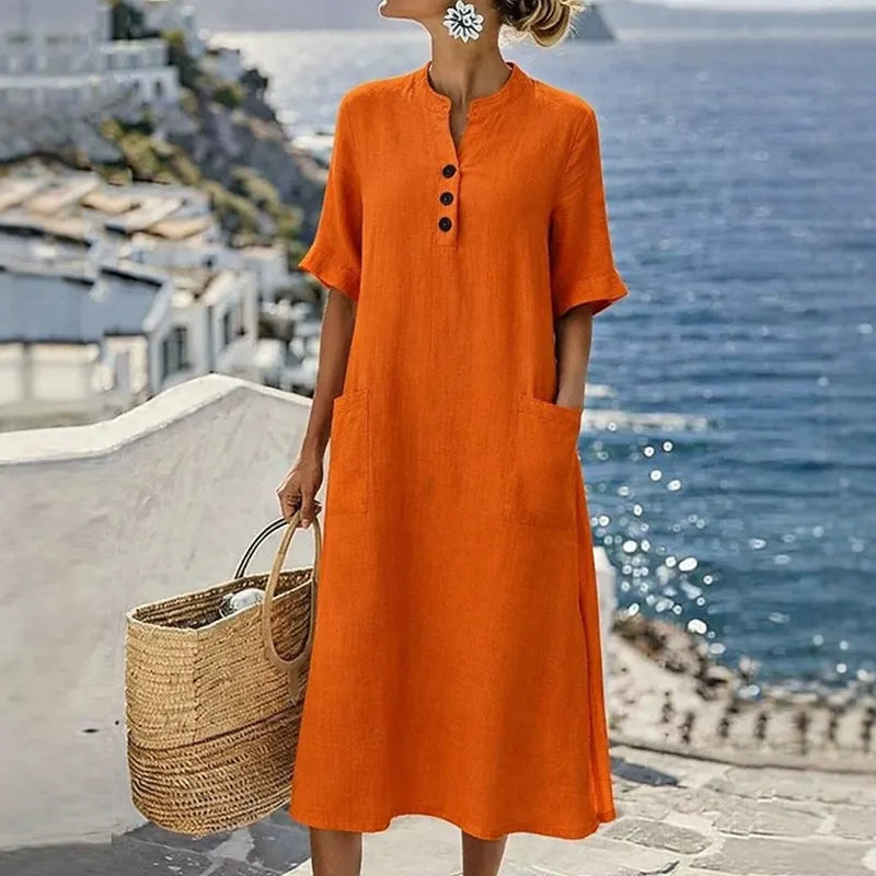 Vestido midi de mujer en algodón y lino con botones y bolsillos
