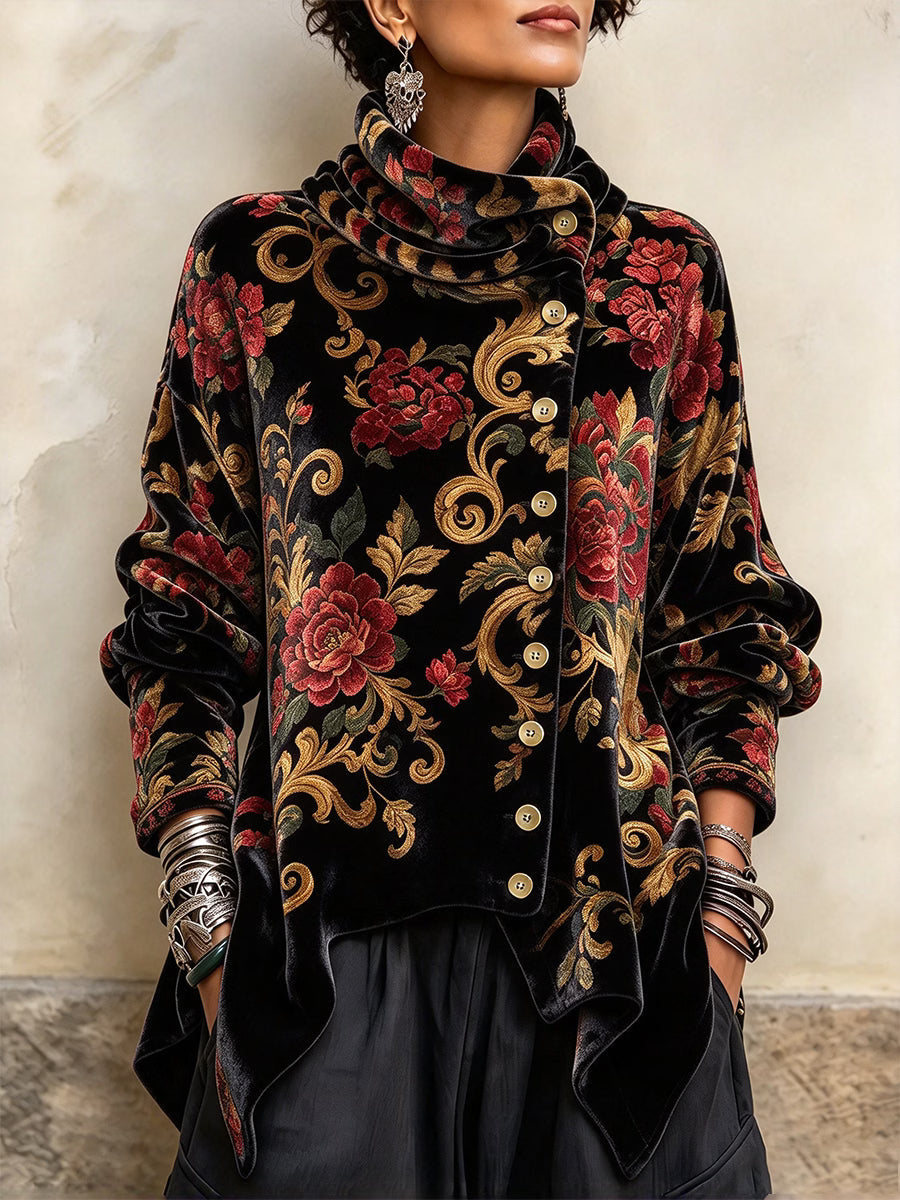 Top floral para mujer con cuello drapeado y corte amplio