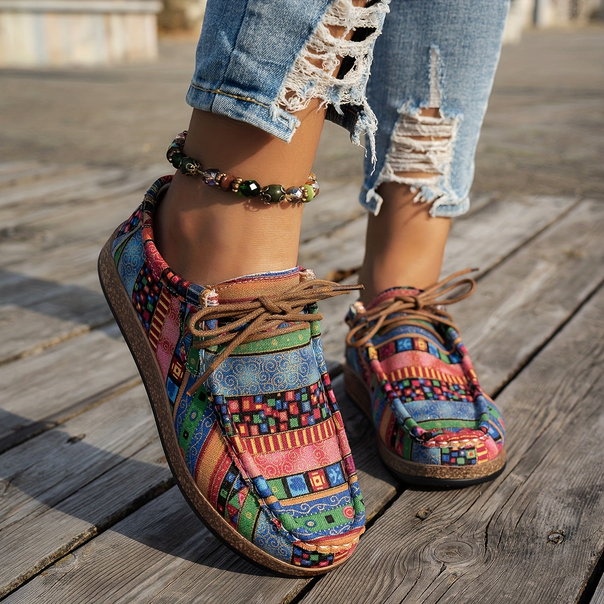 Zapatillas casuales de mujer con patchwork y cordones ajustables