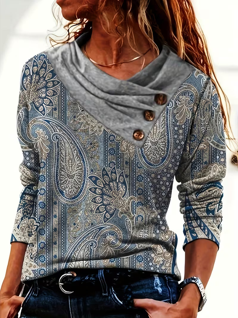 Top de mujer con estampado paisley, cuello drapeado y botones