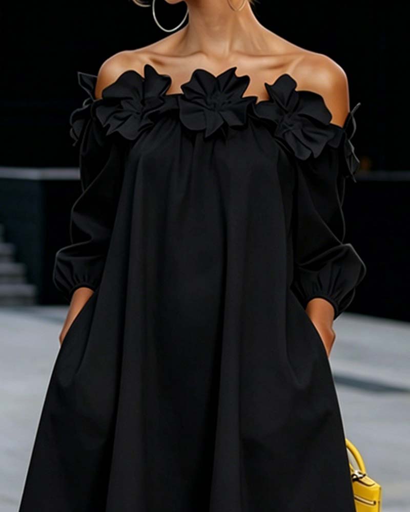 Vestido corto mujer con hombros descubiertos y flores 3D