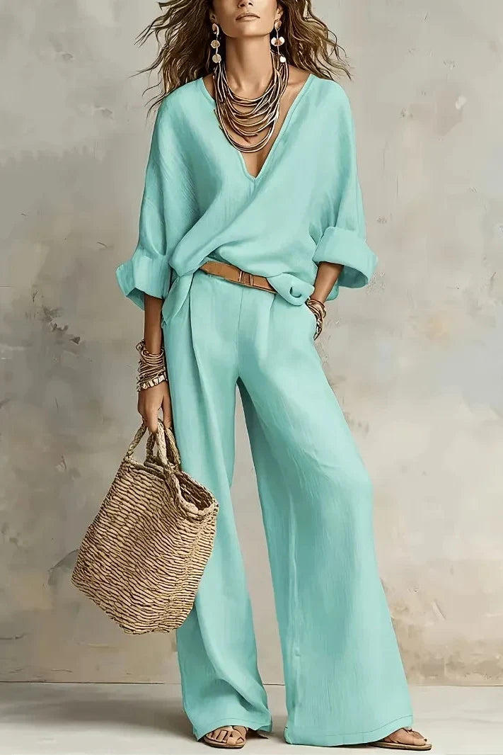 Conjunto mujer con escote en V y pantalón ancho