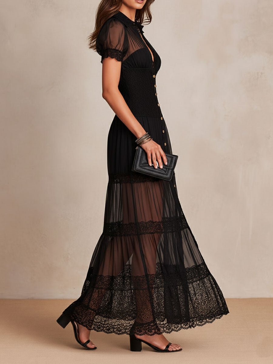 Vestido maxi mujer negro con encaje, botones y paneles transparentes