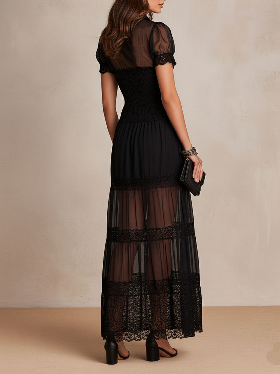 Vestido maxi mujer negro con encaje, botones y paneles transparentes