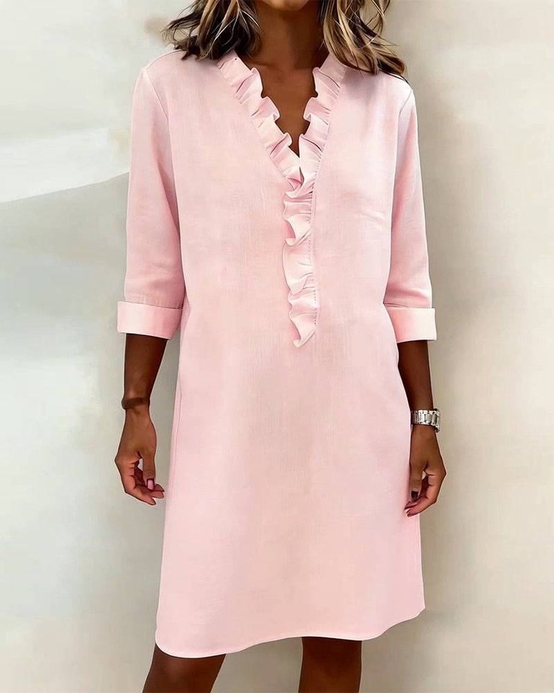 Vestido mujer lino algodón escote V volantes elegante casual