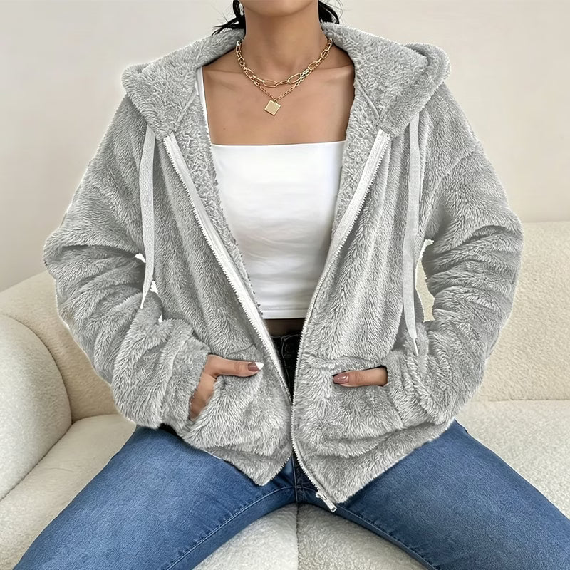 Chaqueta sherpa para mujer con capucha y cremallera