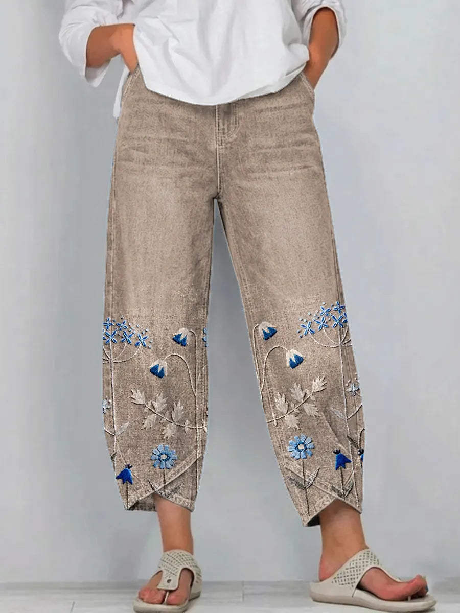 Pantalón mujer denim algodón bordado floral bajo pierna corte recto casual boho