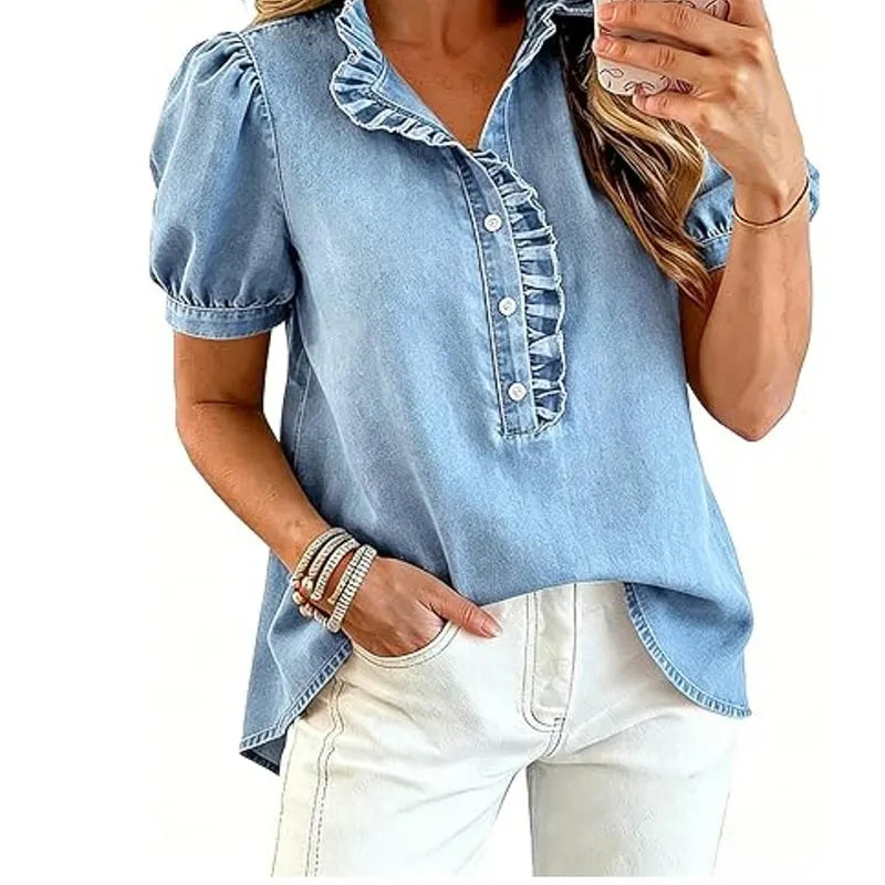 Top denim mujer con cuello volante y mangas abullonadas