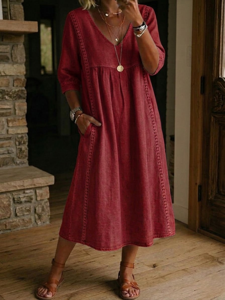 Vestido mujer patchwork algodón lino con encaje para verano