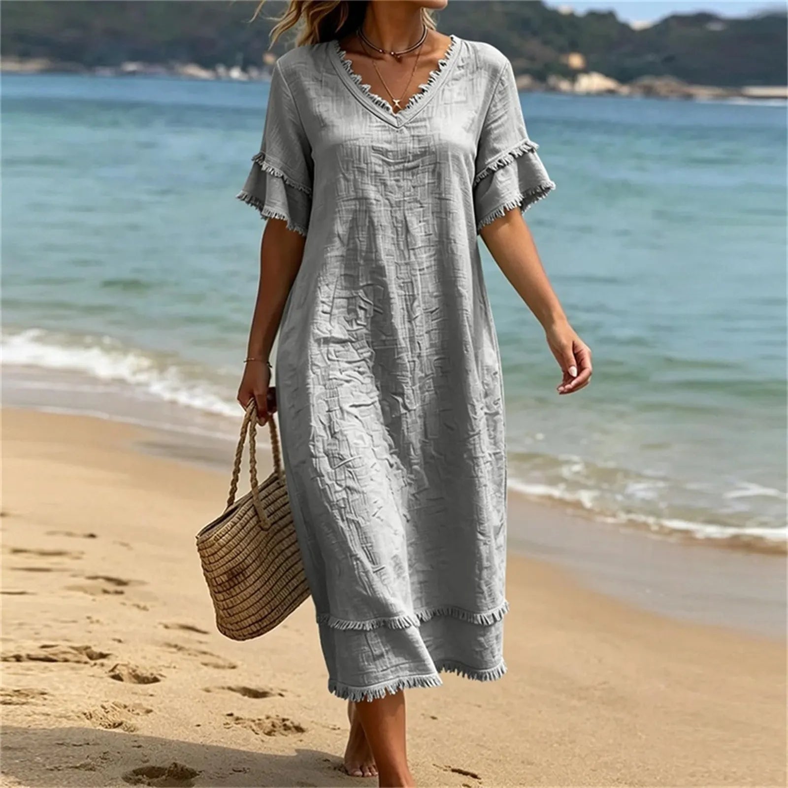 Vestido mujer bohemio con cuello en V y flecos