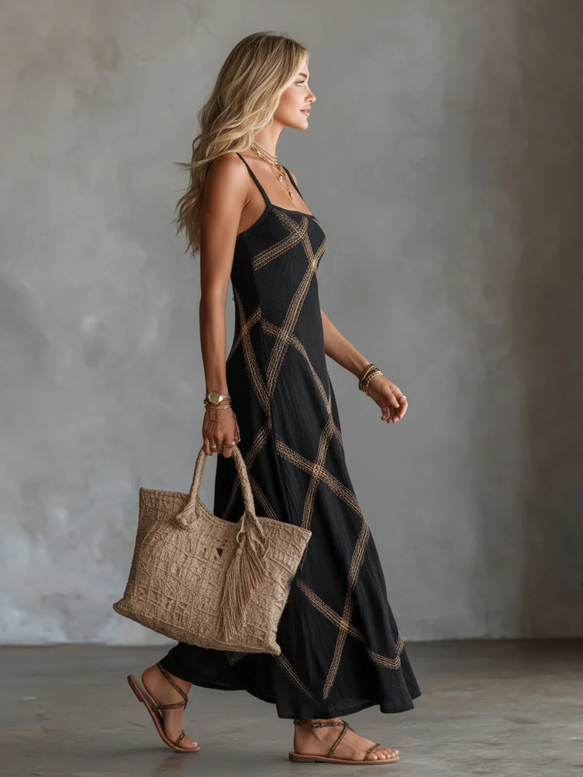 Vestido largo mujer de tirantes con estampado geométrico