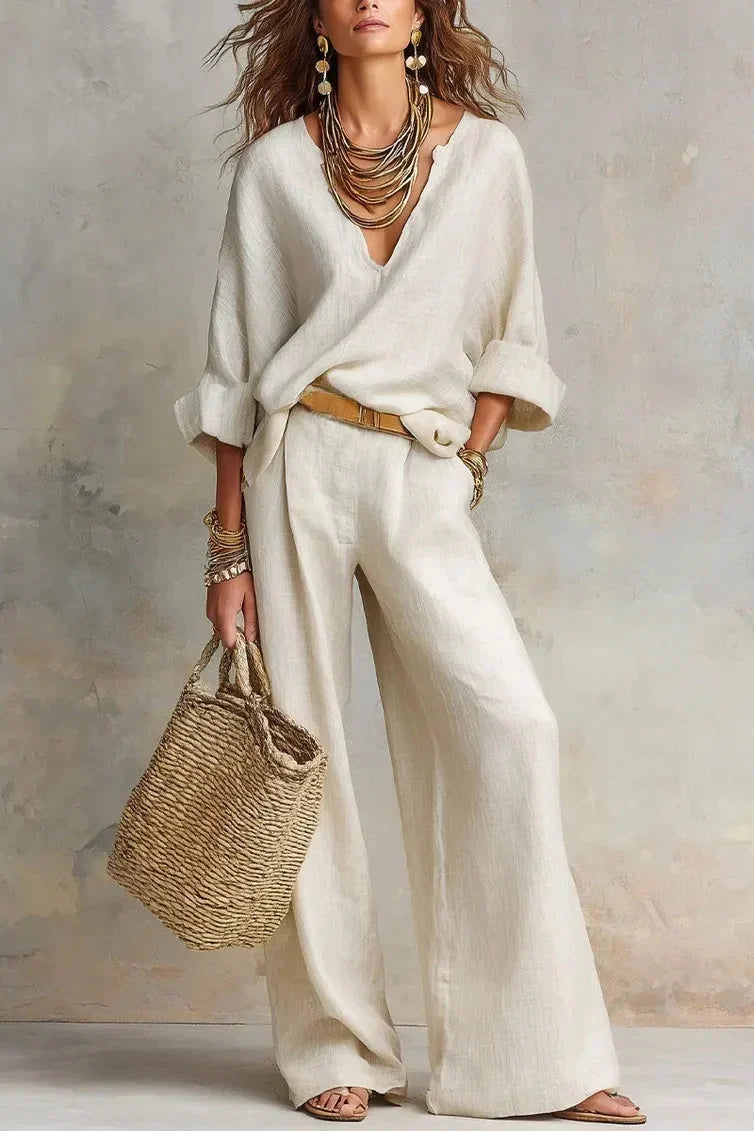 Conjunto mujer con escote en V y pantalón ancho