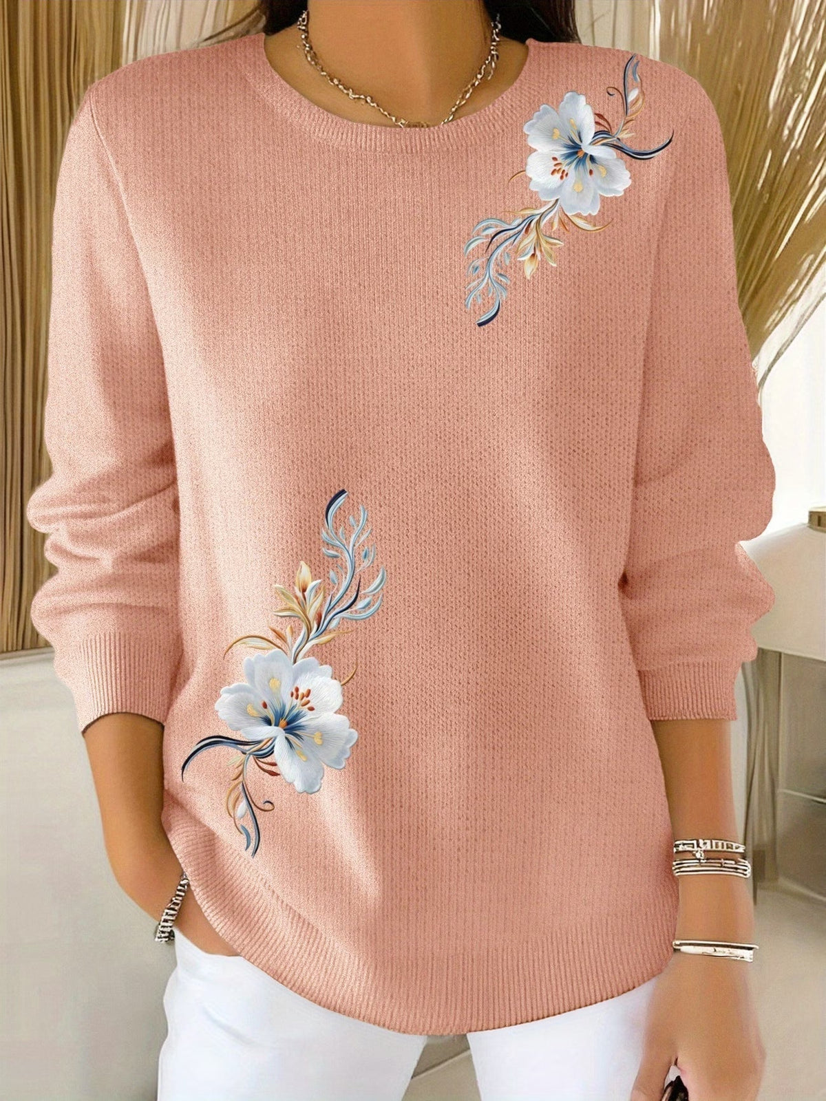 Suéter de mujer con flores estampadas y cuello redondo casual