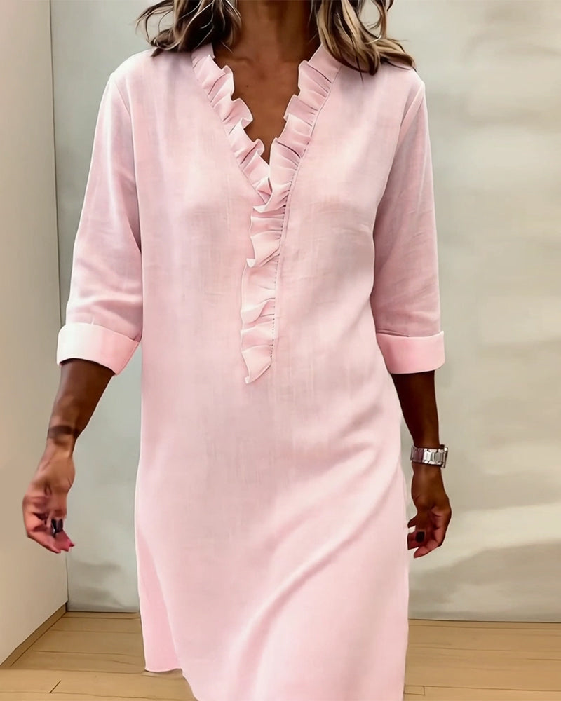 Vestido mujer lino algodón escote V volantes elegante casual