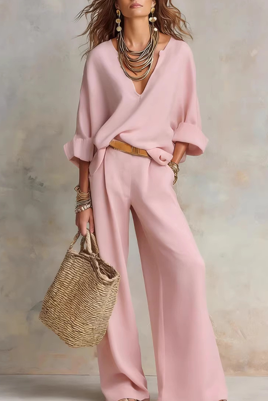 Conjunto mujer con escote en V y pantalón ancho