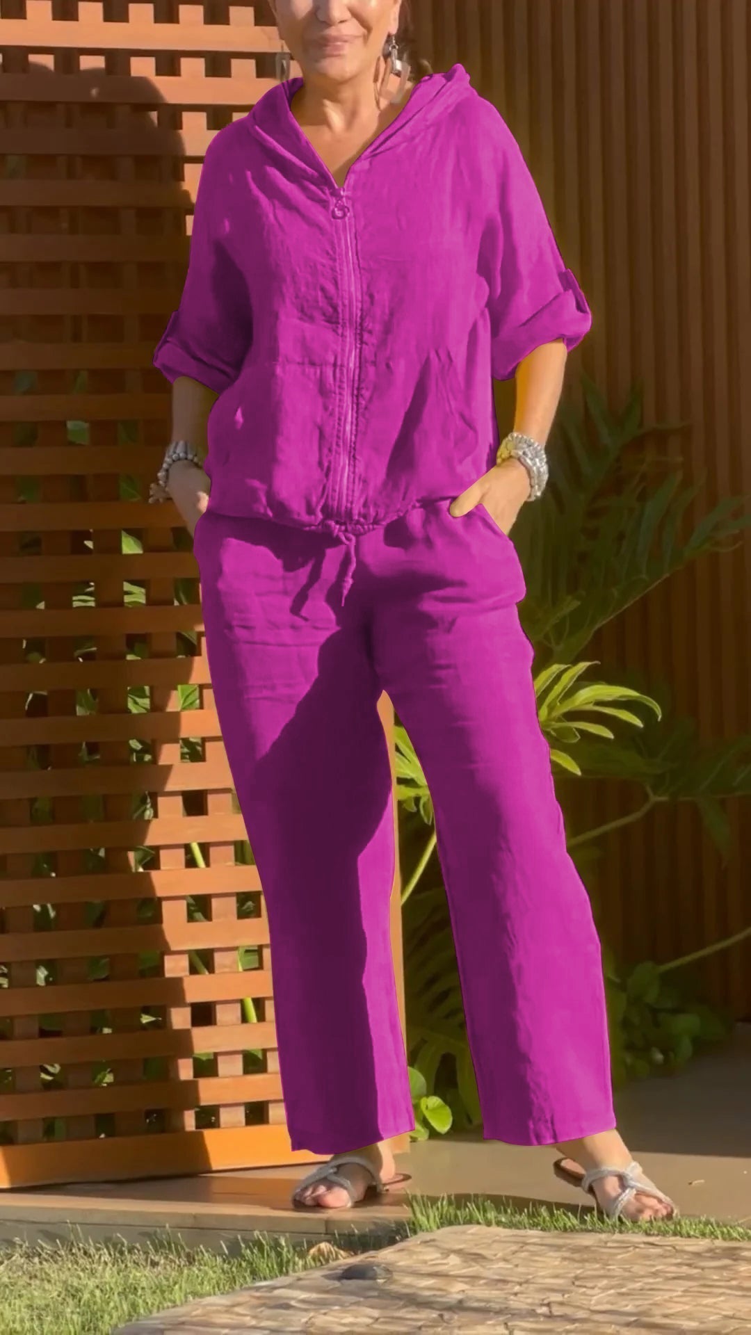 Conjunto Mujer Verano Casual – Algodón y Lino con Capucha y Cremallera