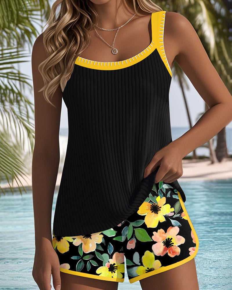 Tankini mujer dos piezas top acanalado ribete floral shorts playa verano