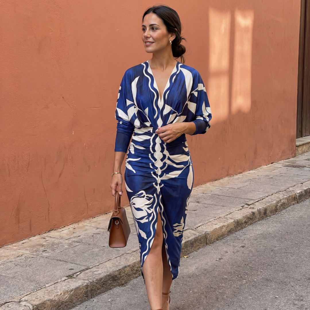 Vestido mujer elegante escote V estampado – vestido midi cruzado fluido