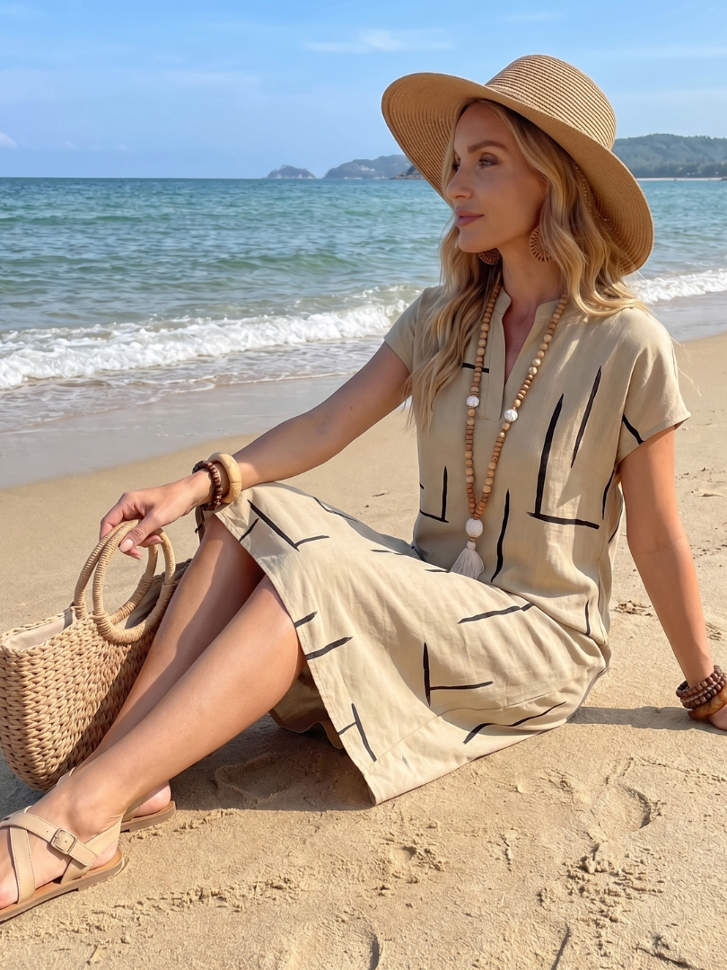 Vestido midi mujer algodón lino estampado geométrico escote V casual verano