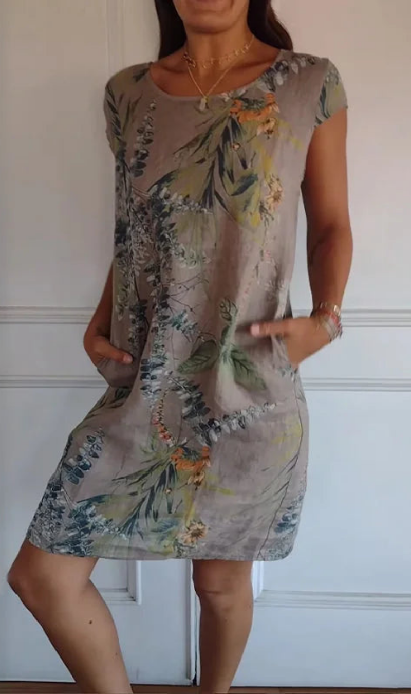 Vestido mujer fluido con estampado vegetal y bolsillos