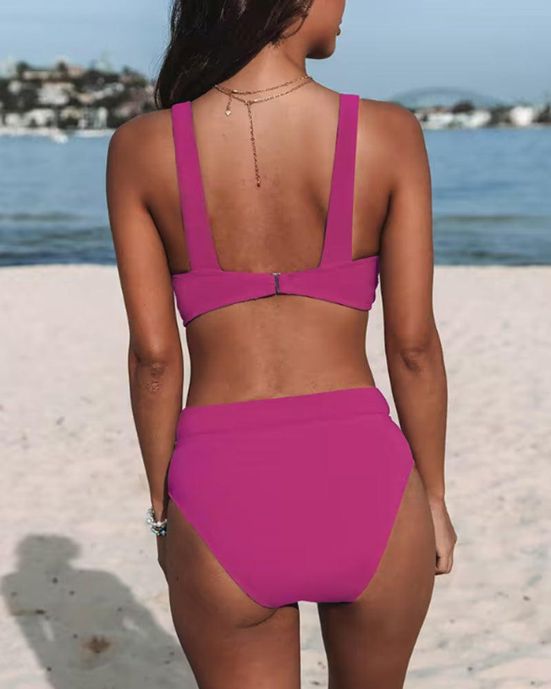 Bikini mujer dos piezas liso top triángulo escote V cintura alta moldeadora playa