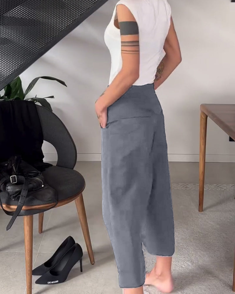 Pantalón mujer asimétrico de pierna amplia