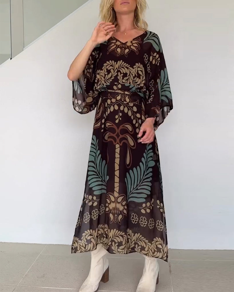 Vestido bohemio mujer maxi estampado hojas fluido elegante