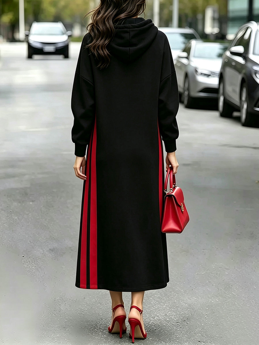 Vestido largo para mujer con capucha, estampado floral y detalles en contraste
