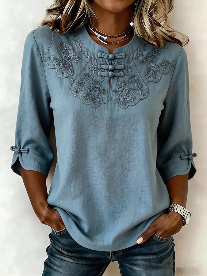 Blusa mujer algodón lino bordado floral – cómoda y elegante