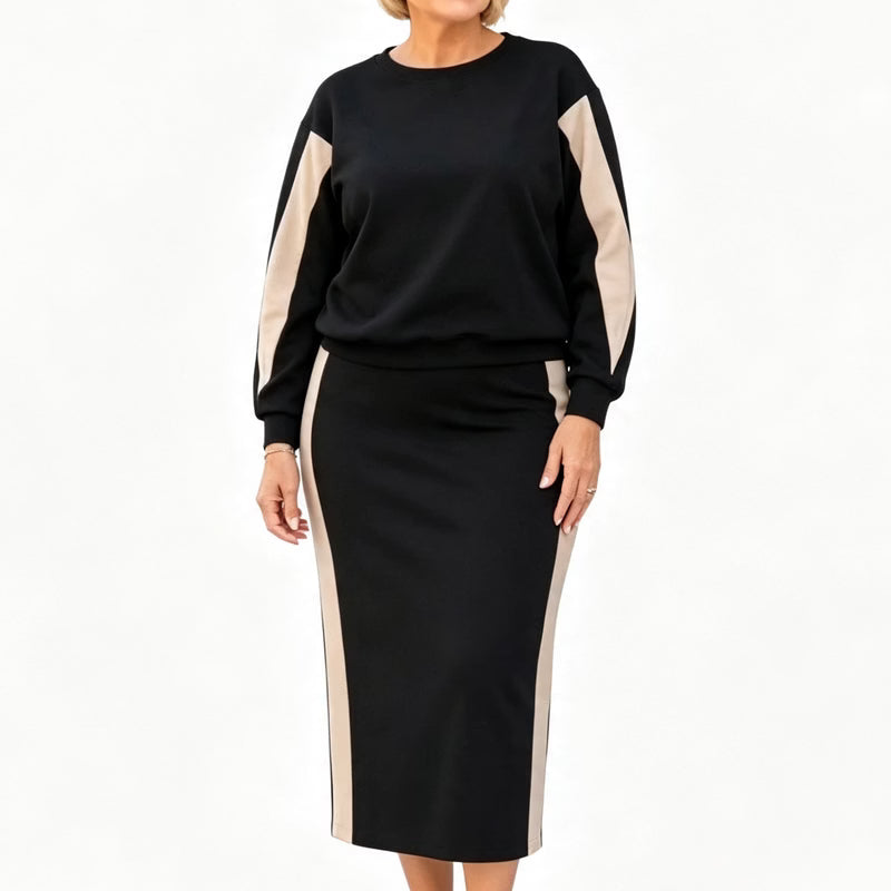 Conjunto bicolor de punto para mujer con falda midi