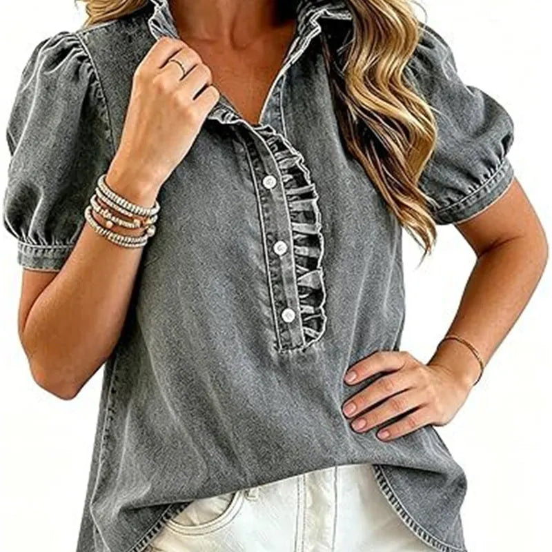 Top denim mujer con cuello volante y mangas abullonadas