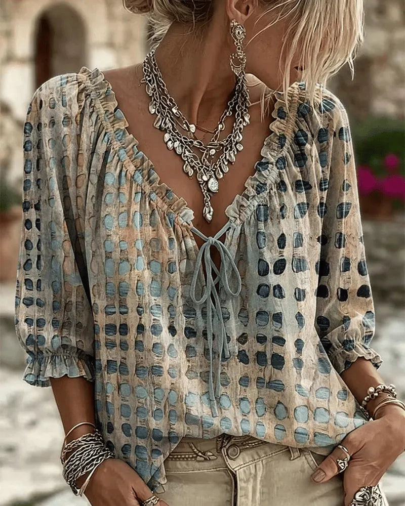 Blusa mujer de lunares con escote en V y cordón ajustable