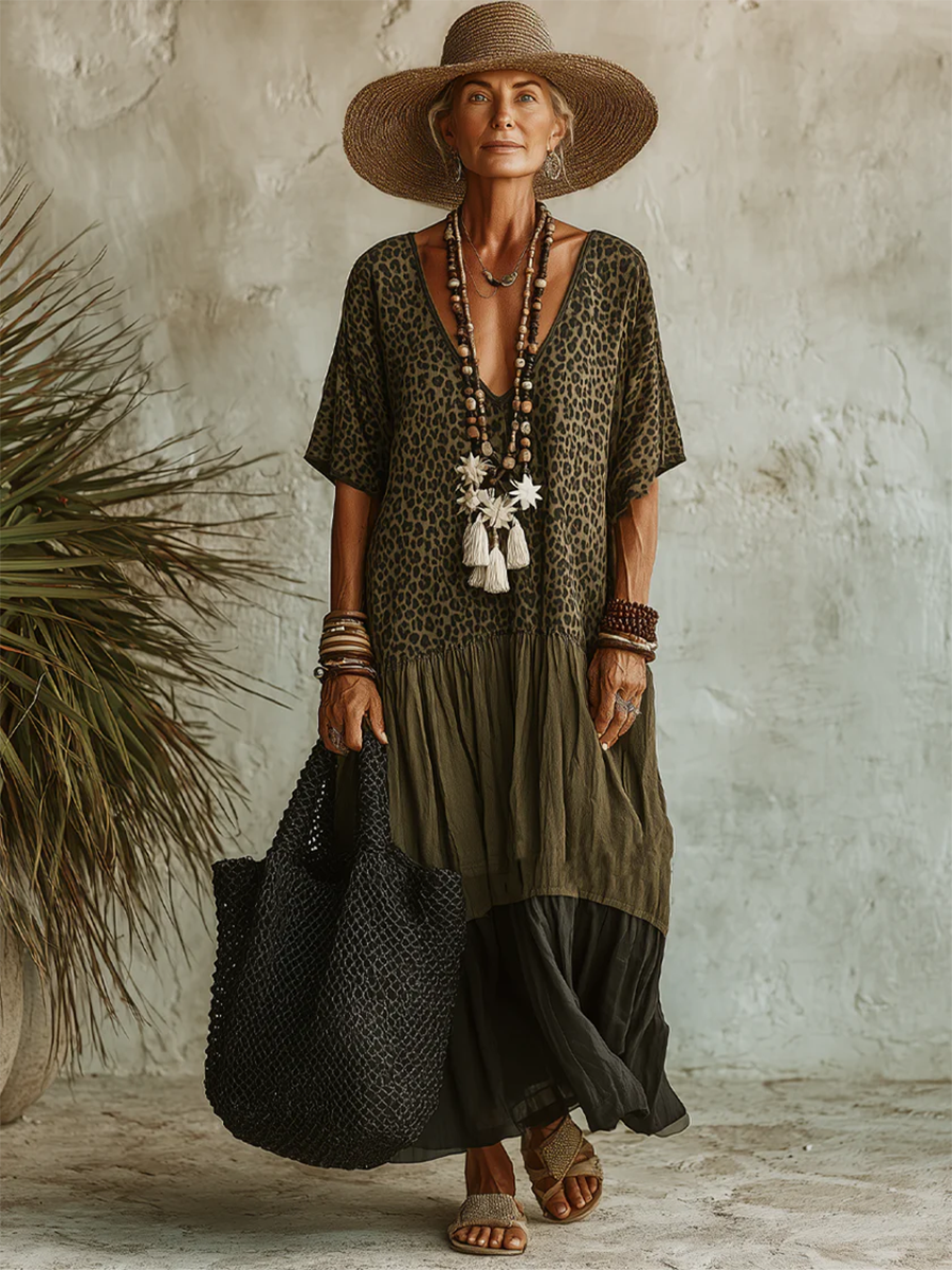 Vestido midi bohemio con estampado leopardo elegante