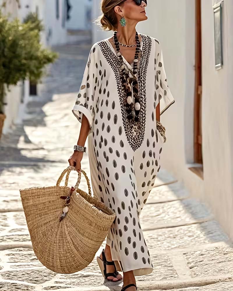 Maxi Vestido Kaftán Lunares Cuello V Bordado Étnico