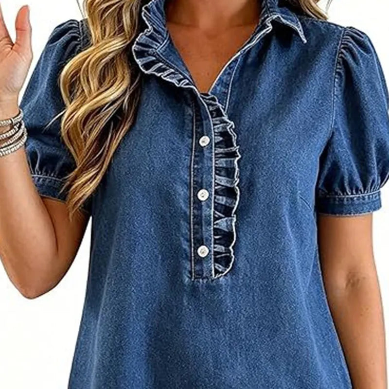 Top denim mujer con cuello volante y mangas abullonadas