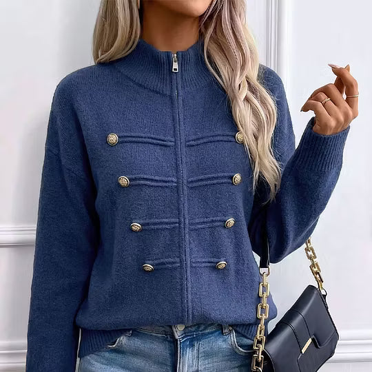 Cárdigan de punto para mujer con cuello alto, cremallera y botones decorativos