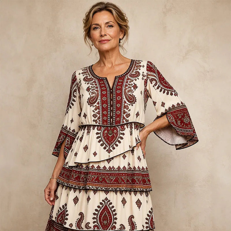 Vestido bohemio mujer con volantes y estampado étnico